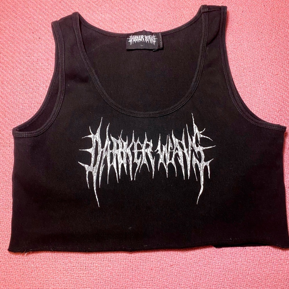 Dolls Kill Darker Wavs Black Ribbed Metal Logo Cropped Tank Top Large